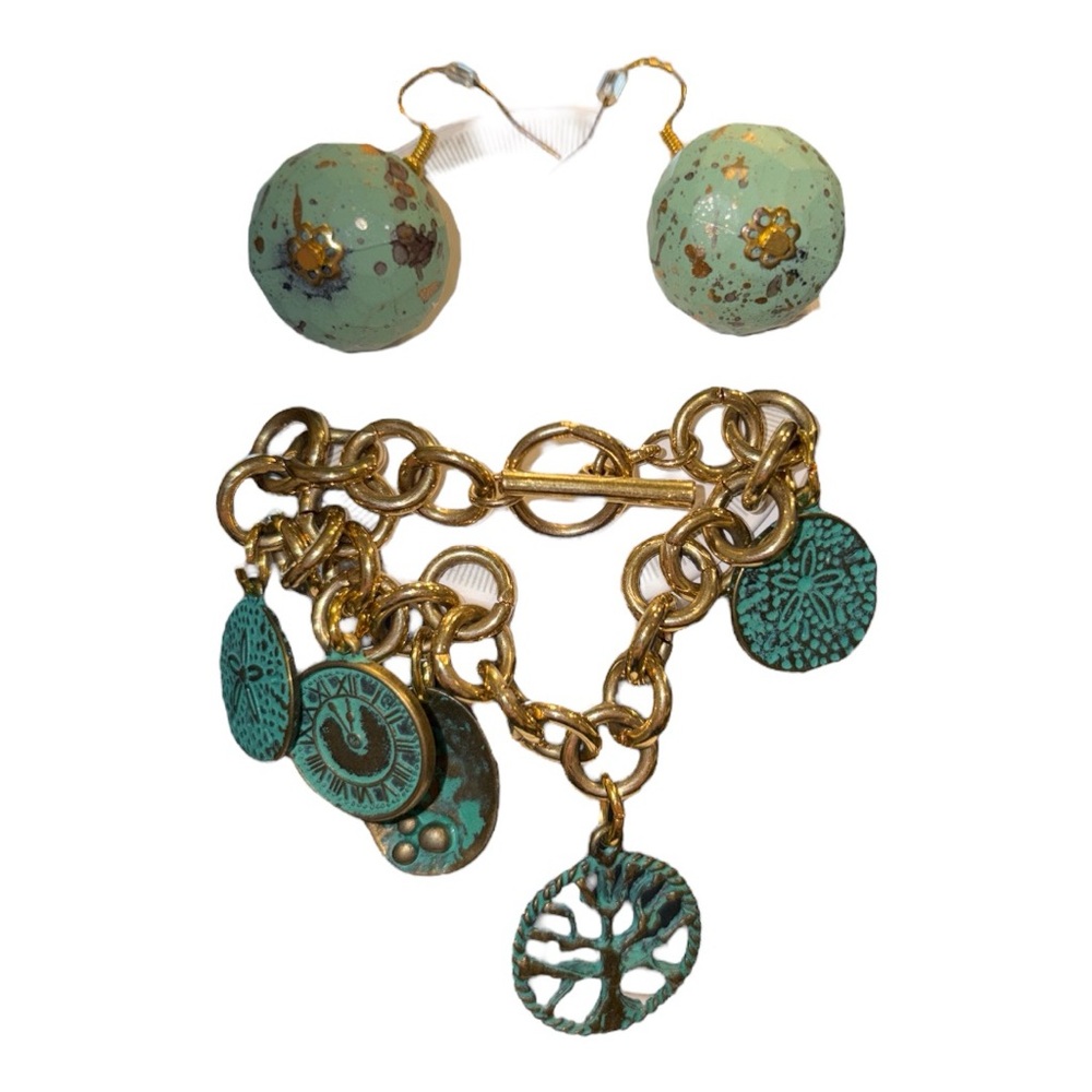 Gold/Turquoise Color Jewelry Set Earrings & 2 bracelets. JB1